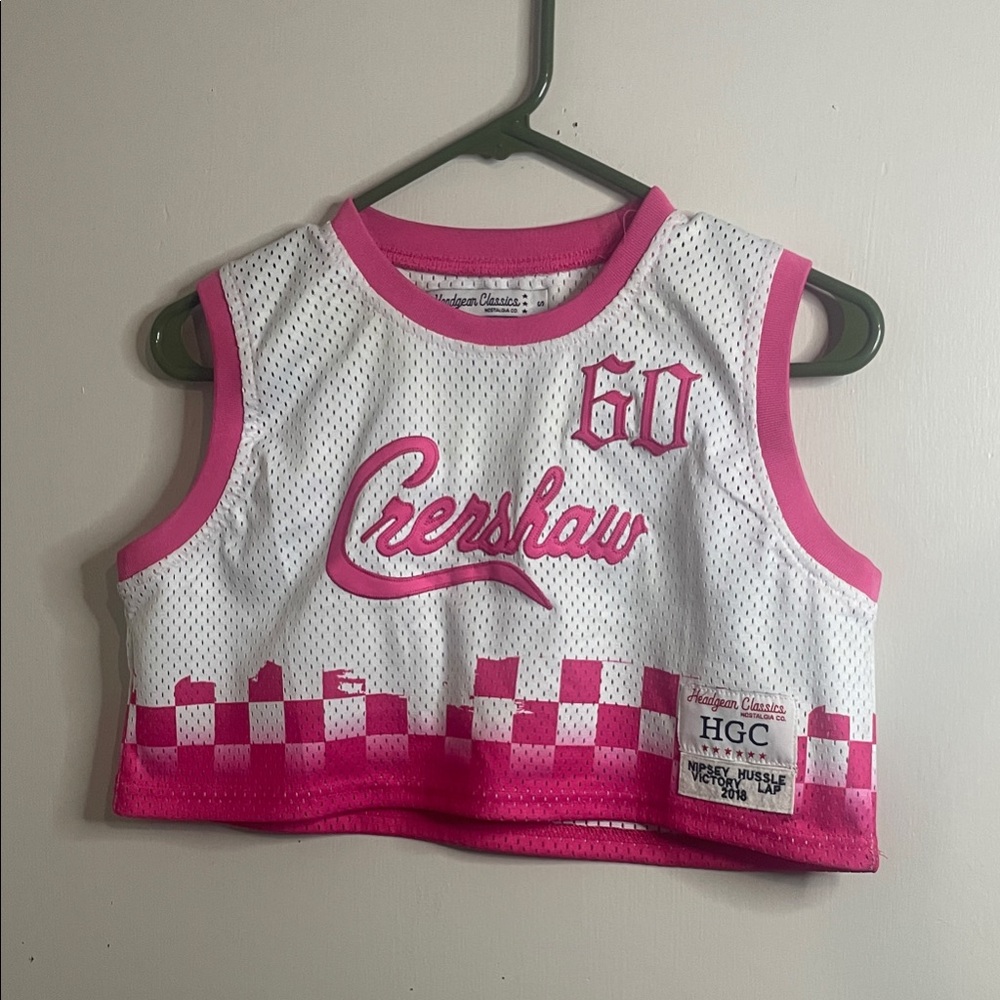 Crenshaw Headgear Classic Nipsey Hustle Women's Pink and White Jersey Crop Top